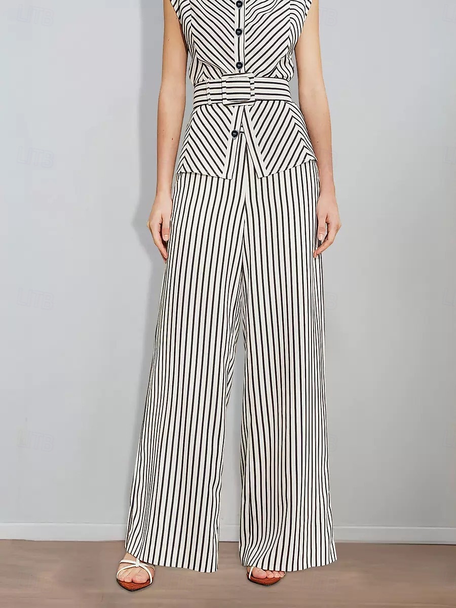 Striped Print Two Piece Pantsuit Mother of the Bride Pantsuit Classic Simple Minimalist Crew Neck Floor Length Metal Buttons Sleeveless with Sash / Ribbon 2026 - $195.99 –P3