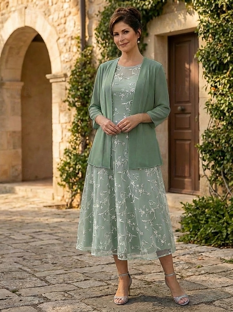 Zweiteilig A-Linie Knöchellänge Tee-Länge Kleid für Hochzeitsgäste Brautmutterkleid Ärmellos Dreiviertelarm Rundhalsausschnitt Elegant Einfach Minimalistisch Formell Semi-Formal Chiffon Spitze mit 2026 - $171.99 –P7