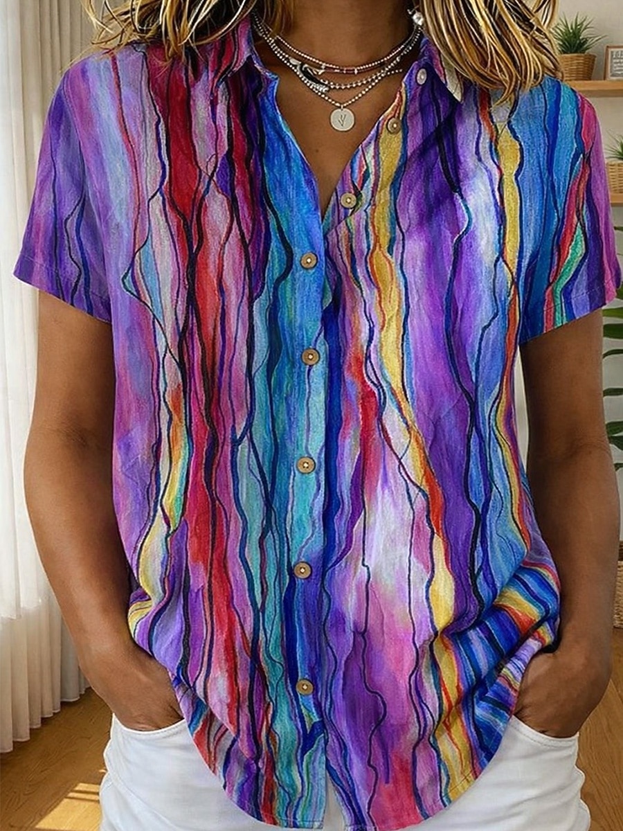 Naisille Paita Lyhyt Hihainen Graafinen Geometrinen Raidallinen Vintage Trooppinen Tyylikäs Paita Kaulus Säännölliset Huiput Päivittäin Salvia Vihreä Vaaleanpunainen Purppura Oranssi Vihreä Kesä Kevät 2026 - $24.99 –P6