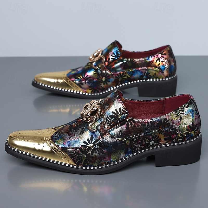 Geklede herenschoenen met bloemenprint, spitse neus en metallic neuskap, modieuze instappers voor stijlvolle mannen, ideaal voor feesten, bruiloften, banketten en podiumoptredens. 2026 - $54.99 –P3
