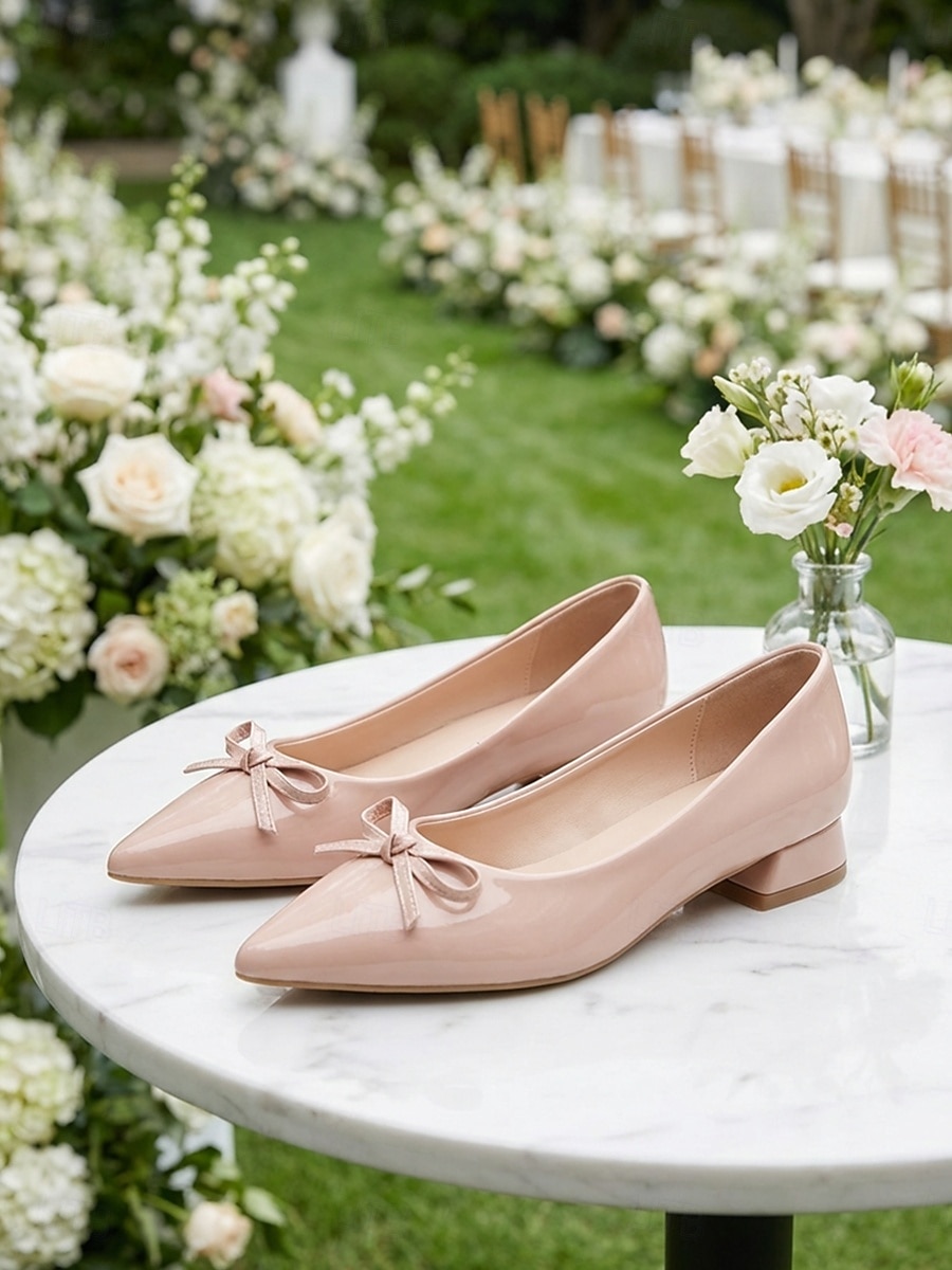 holiday dress shoes Women's Blush Patent Low Heel Pumps - Elegant Bow Pointed Toe Garden Party 2026 Fall Sweater