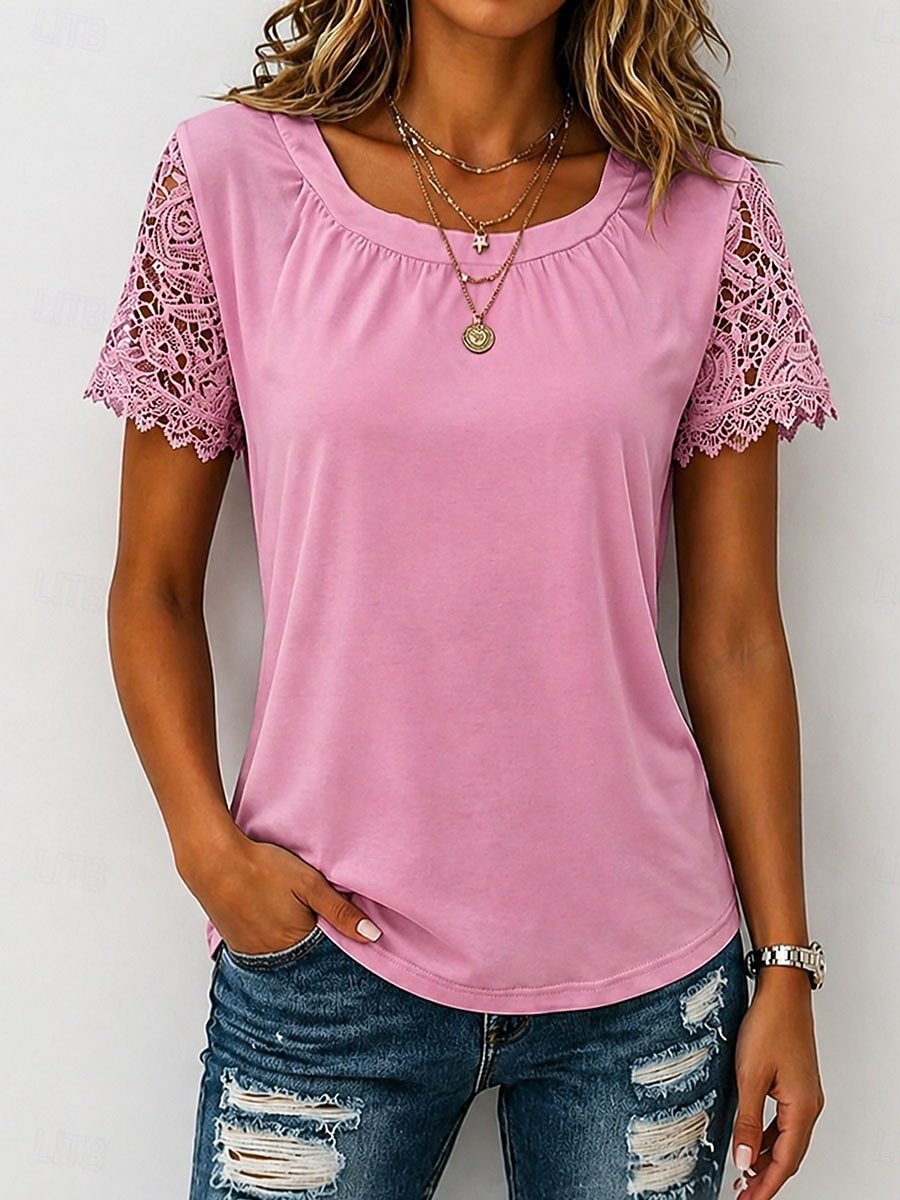 Women's Shirt Blouse Lace Tops Lace Plain Stylish Classic Modern Short Sleeve Crew Neck Regular Tops Daily Holiday Going out Blue Black White Pink Red Summer Spring 2026 - $8.99 –P7