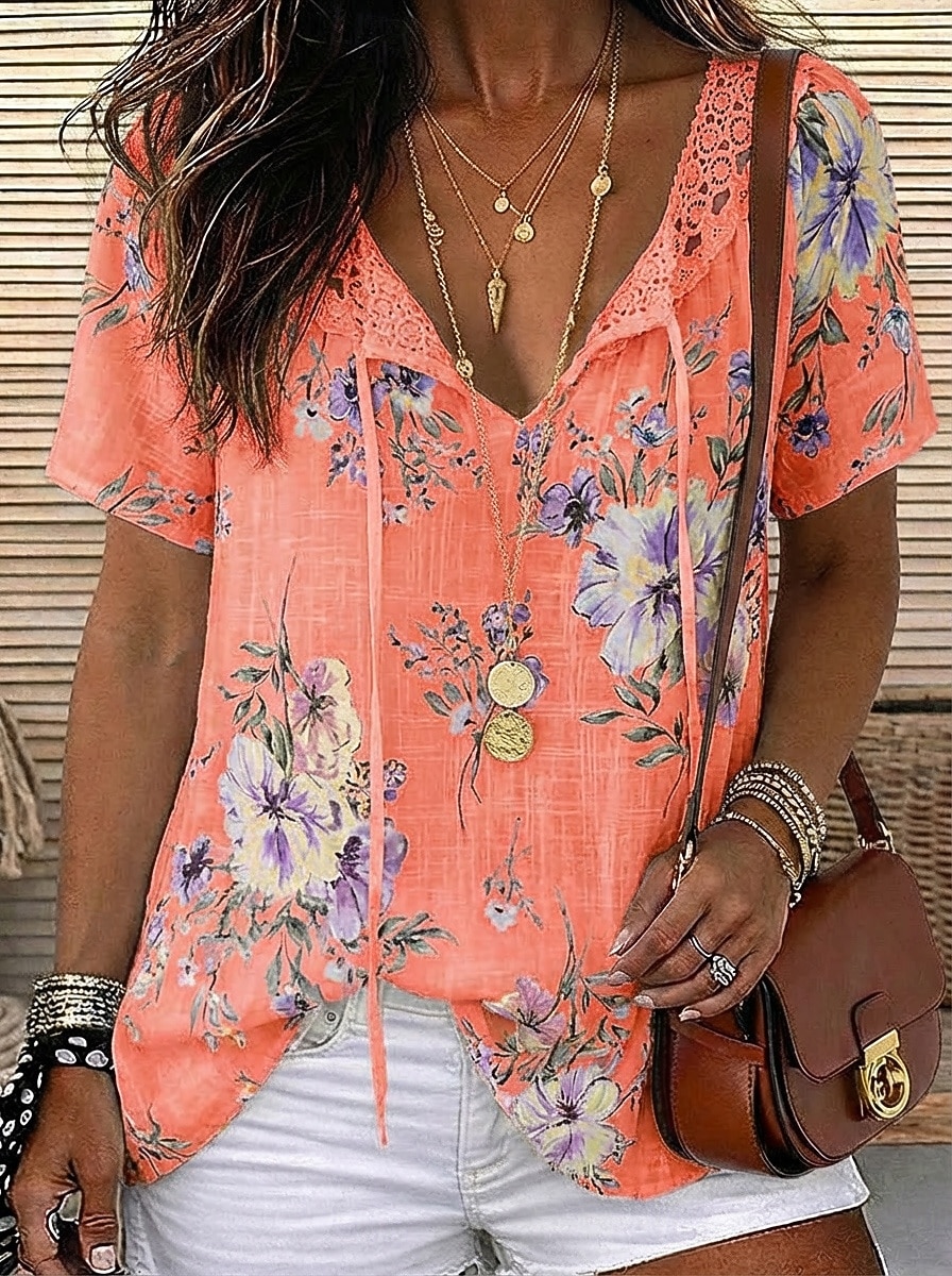 Per donna Blusa Top in chiffon Top in pizzo Pizzo Floreale Elegante Moderno Manica Corta Scollo a V Top lunghi Casuale Ferie Estate Blu Bianco Rosa Arancione Verde Estate Primavera del 2026 a $18.49 –P3