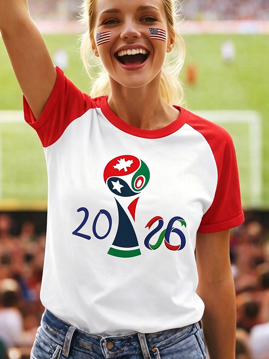 t-shirt da calcio da donna con stampa grafica, lettera, elegante, classica, casual, manica corta, girocollo, top regolari, casual, quotidiano, blu, nero, rosso, verde, estate, primavera del 2026 a $21.99 –P4