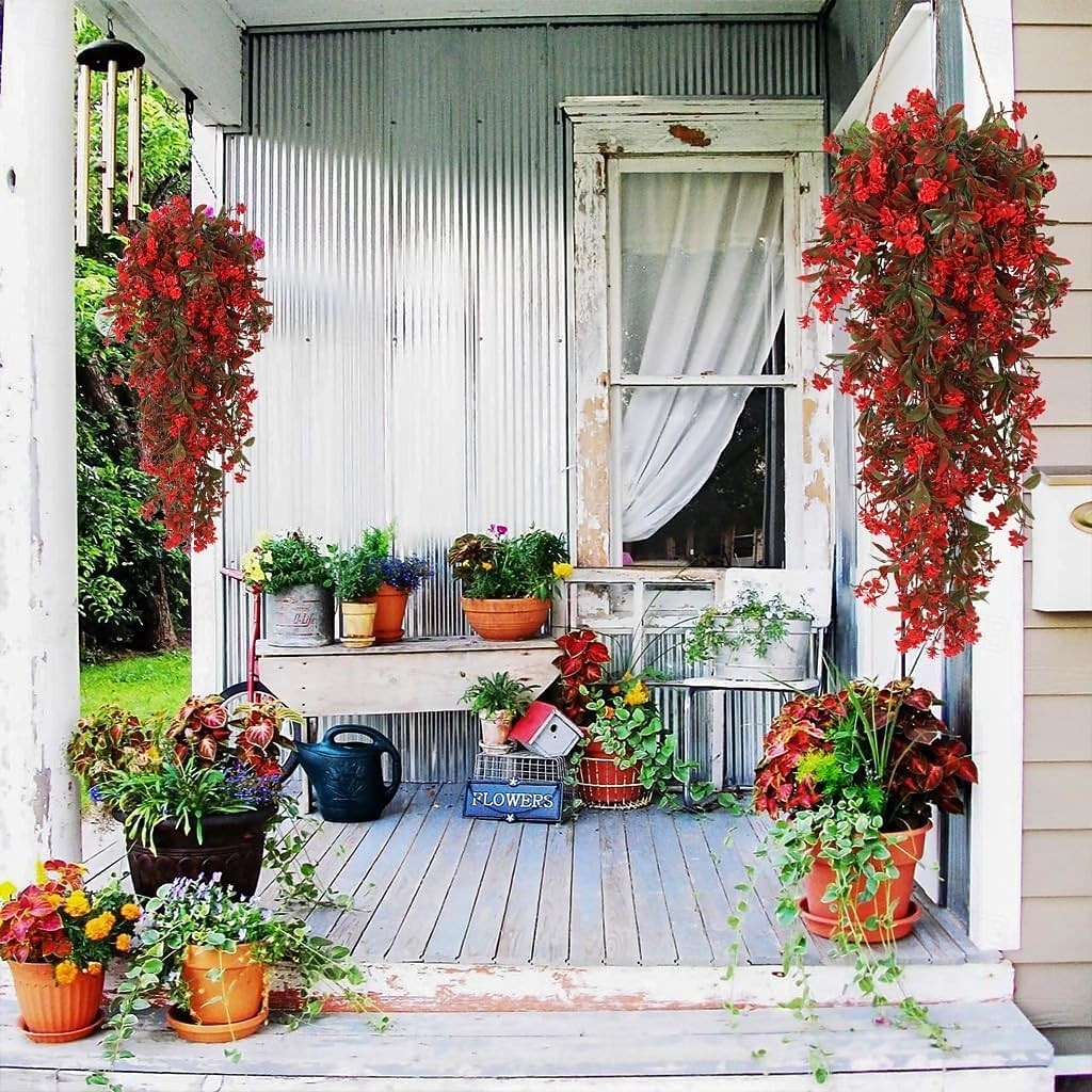 4 künstliche grüne Kunststoffblumen, künstliche Hängepflanzenranken, UV-beständig, geeignet für die Dekoration von Haus- und Gartenwänden, Büros, Hochzeiten, Partys und Hängekörben. 2026 - $21.99 –P6