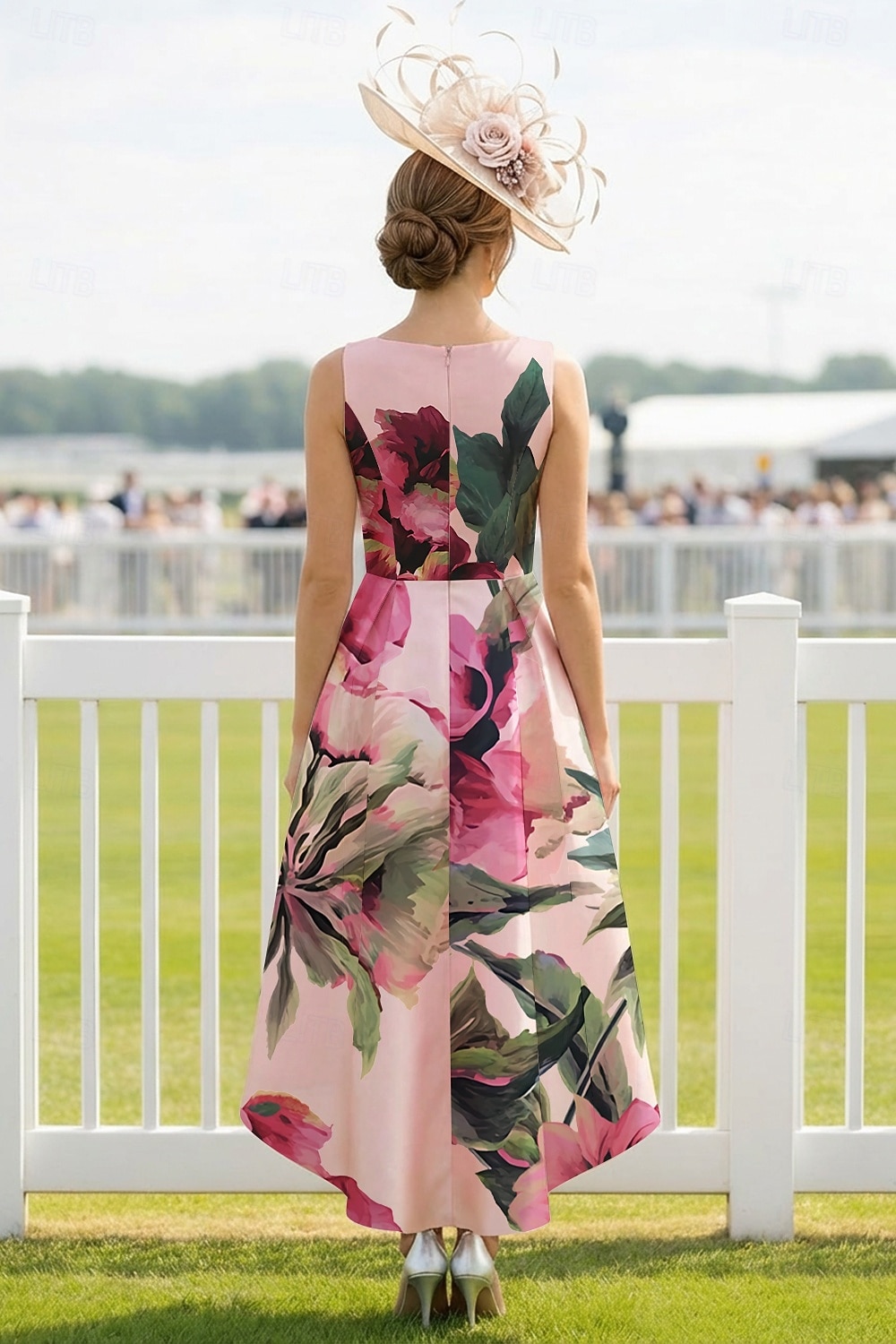 Linia -A Asimetric Lungimea ceaiului Rochie Derby Rochie Mama Miresei Fără manșon În V Elegant Epocă Kentucky Derby Satin cu Flori Imprimeu 2026 - $183.99 –P2