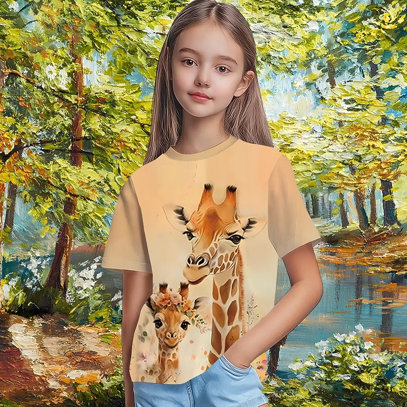 Ragazze 3D Grafico Animale Giraffa Maglietta Manica Corta Stampa 3D Primavera Attivo Carino Bambini 5-12 anni Casuale Quotidiano Scuola Vestibilità regolare del 2026 a $13.49 –P6