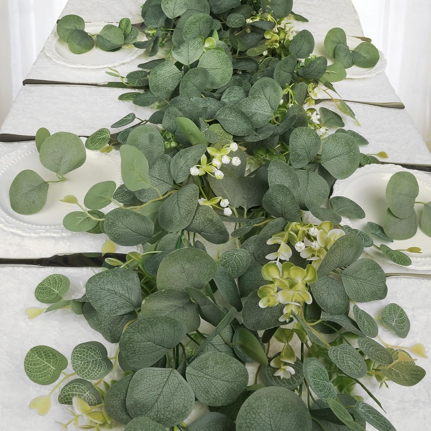 Girlanda z eukalyptových listů, umělý hedvábný list, stříbrný dolar, umělá zeleň, falešná závěsná girlanda z eukalyptových listů na stůl, svatební hostinu, interiér, exteriér, zeď, plášť, pokoj, 2026 - $13.99 –P6