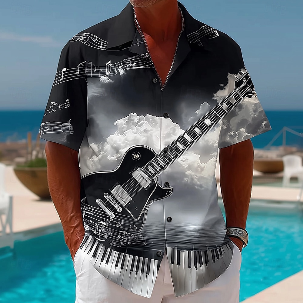 Per uomo Chitarra Strumento musicale Camicia Camicia con Bottoni Camicia con collo camp Manica Corta Vintage Retrò Festival Musicale Ferie Estate Primavera Colletto cubano Stampa 3D Nero Borgogna Blu del 2026 a $25.99 –P1