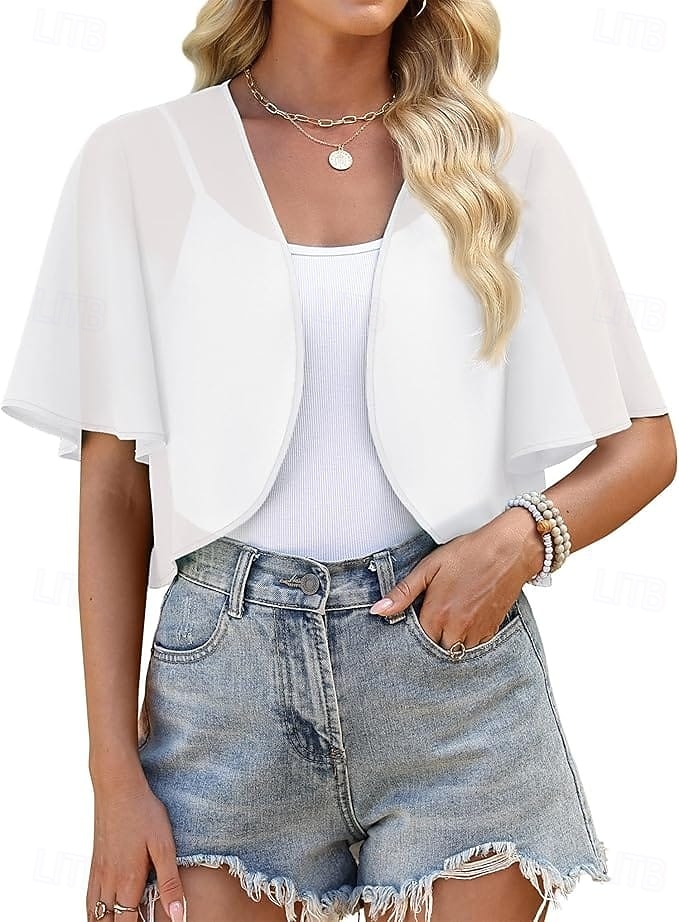 Scialle Donna Bolero Coprispalle Scialli della Madre Scialli della Sposa Elegante Signore Formale Manica Corta Chiffon Stole da matrimonio Con Colore puro Per Quotidiano Primavera & Estate del 2026 a $34.99 –P6