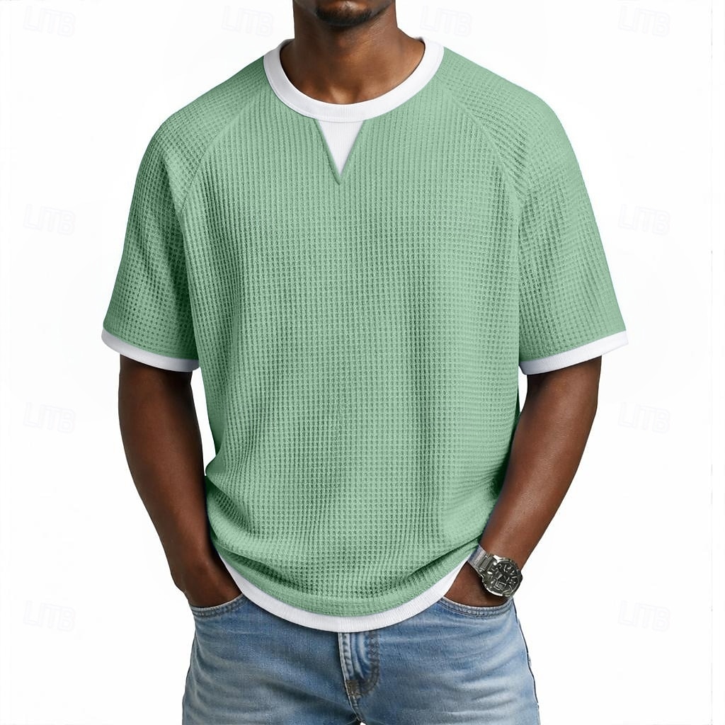 Herren Waffel T-Shirt T-Shirt Kurzarm V Ausschnitt Sommer Frühling Ganzjahres Einfarbig Texture Mode Designer Lässig 2 in 1 Raglanärmel Lässig Täglich Outdoor Hellblau Schwarz Hellgrün Top T-Shirt 2026 - $18.99 –P7