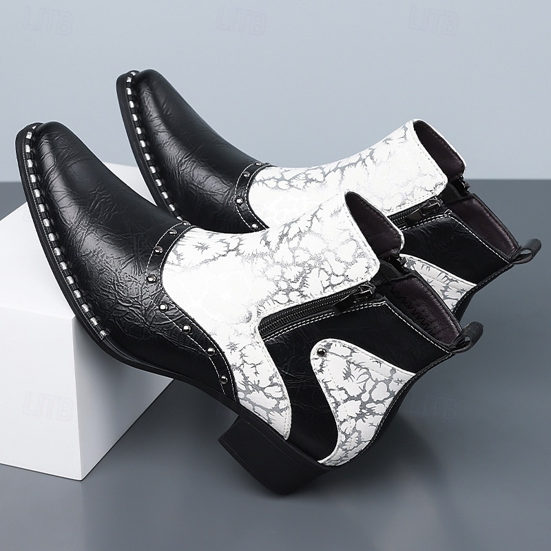 Stivaletti da uomo in stile western bianchi e neri con cerniera laterale, stivali da cowboy a punta per uomini eleganti, ideali per festival musicali, feste, spettacoli teatrali e outfit alla moda. del 2026 a $64.99 –P3