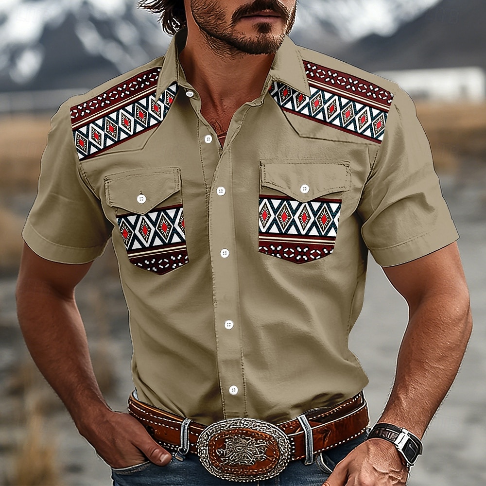 Hombre Diseño Geométrico Étnico camisa occidental Camisas de trabajo Camisa vaquera Manga Corta occidental retro de la vendimia Casual Exterior Para trabajo Verano Primavera Cuello Vuelto Impresión 2026 - $27.99 –P2