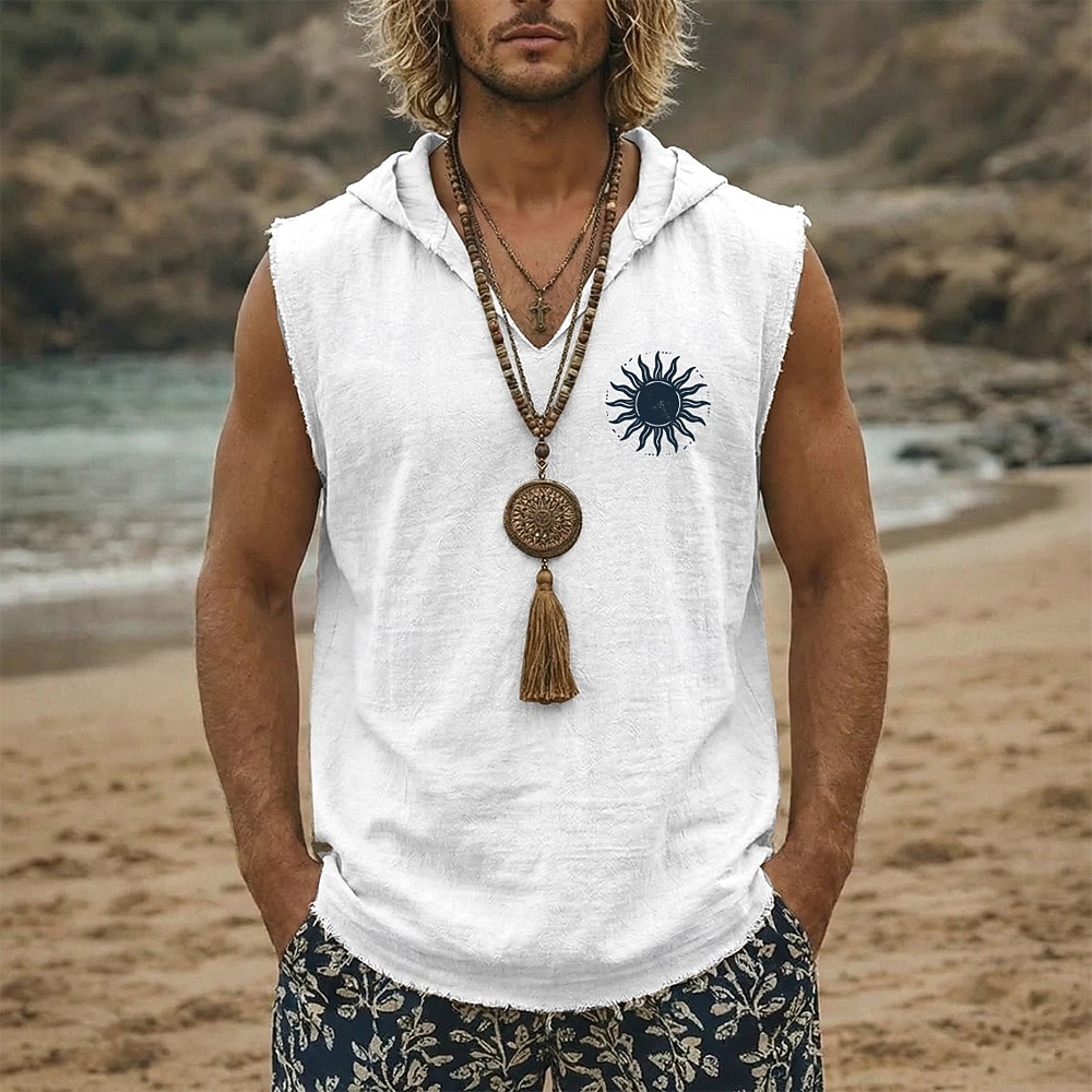 Sweat à capuche sans manches pour homme, style bohème vintage tribal, imprimé soleil céleste, ourlet brut effiloché, coupe ample, col en V, idéal pour la plage, les vacances et les festivals. de 2026 ? $19.99 –P4