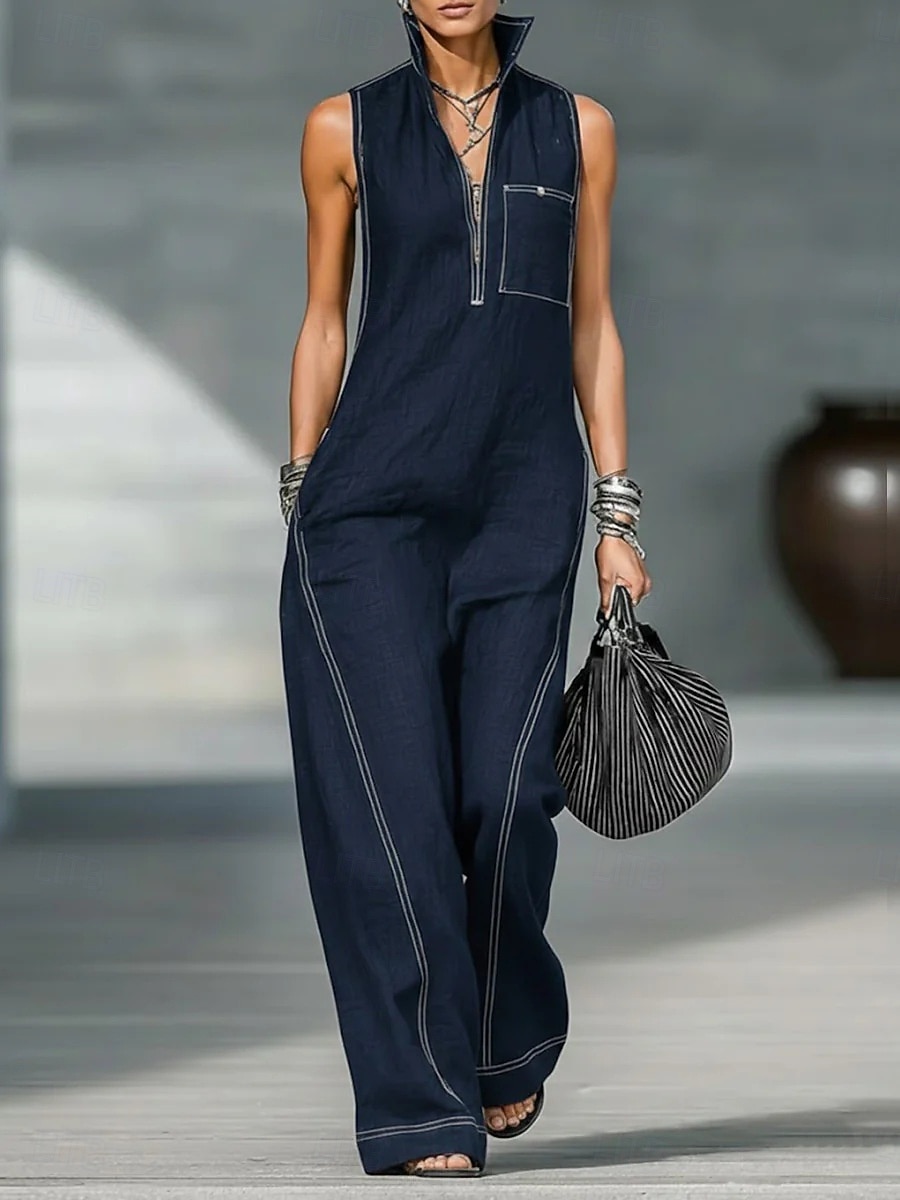 Women's Normal Jumpsuit Active Solid Color Sleeveless Wide Leg Shirt Collar Zipper Pocket Daily Vacation Loose Fit Blue Black Yellow Summer 2026 - $39.99 –P3