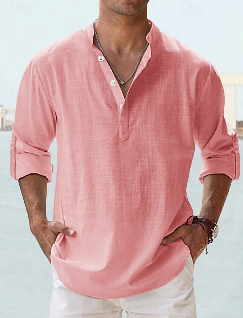 Per uomo Camicia Camicia di lino Camicia Estiva Camicia da Spiaggia Semplice Vacanza Camicia hawaiana Blu Nero Bianco Rosa Manica Lunga Collo alla coreana Primavera & Estate Abbigliamento Base del 2026 a $22.99 –P9