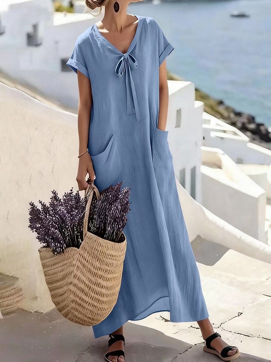 Femmes Robe maxi Robe trapèze Robe d'été Occasionnel Quotidien Coupe Ample Uni Manche Courte Col en V Bleu Ciel Violet Claire Vert Gris Été Printemps de 2026 ? $36.99 –P1