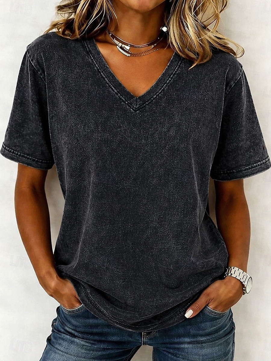 Damen T Shirt Baumwollhemd T-Shirt Gerafft Einfach Vintage Mode Stilvoll Kurzarm V Ausschnitt Normale Oberteile Lässig Täglich Ausgehen Blau Violett / Blau Schwarz Armeegrün Purpur Sommer Frühling 2026 - $21.99 –P13