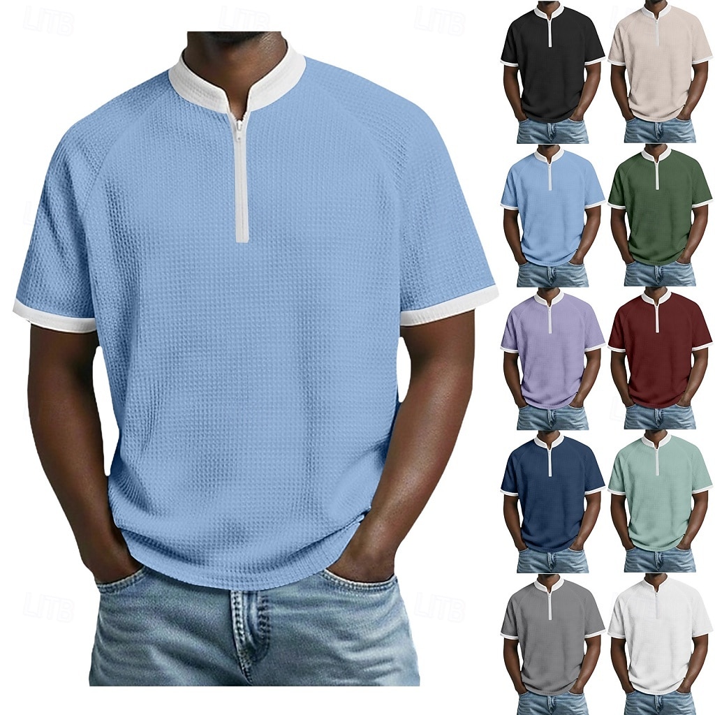 בגדי ריקוד גברים חולצות פולו וופל חולצות פולו קזו'אל יומי רבע מיקוד שרוולים קצרים אופנתי בסיסי קולור בלוק רוכסן קל משקל קיץ אביב רגיל שחור לבן בורגנדי כחול נייבי כחול סקיי סגול חולצות פולו וופל 2026 - $21.99 –P1