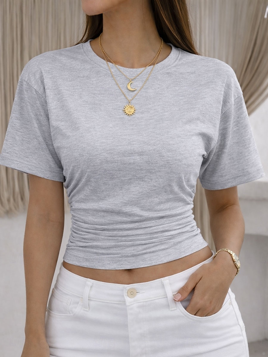 Women's T Shirt Tee Top Ruched Solid Color Graphic Plain Fashion Stylish Classic Short Sleeve Crew Neck Round Neck Crop Tops Casual Daily Going out Black White Pink Gray Light Blue Summer Spring 2026 - $19.99 –P9
