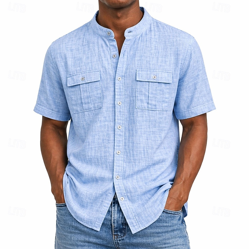Hombre Camisa Camisa de lino Camisa de verano Ropa de playa Camisa con cuello mao Abotonar la camisa Color sólido Casual Vacaciones Azul Piscina Negro Azul Marino Verde Trébol Manga Corta Escote Chino 2026 - $11.49 –P2