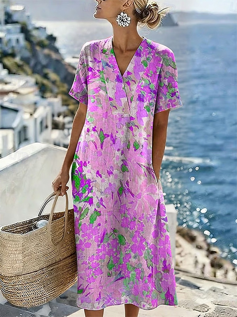 Damen Midikleid Sommerkleid Freizeitkleid Urlaub Lässig Strand Strand Lässiger Schnitt Blumen Grafik Kurzarm V Ausschnitt Blau Gelb Rosa Purpur Sommer Frühling 2026 - $39.99 –P3