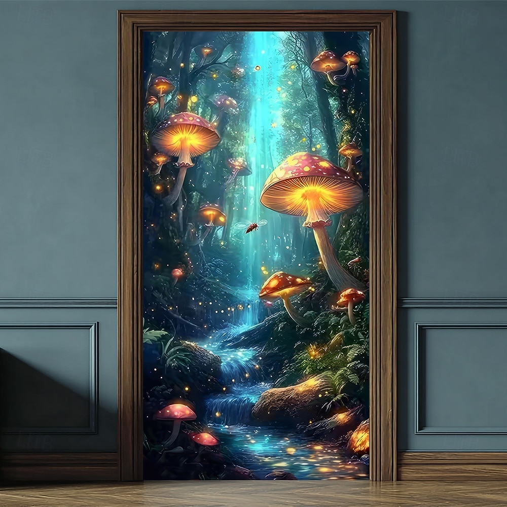 Fantasy Enchanted Forest Glowing Mushroom Door Banner Magic Fairytale Waterfall Nature Scenery Door Cover 3D Mystical Jungle Fireflies Wall Tapestry For Kids Room Bedroom Decor 2026 - $17.99 –P2