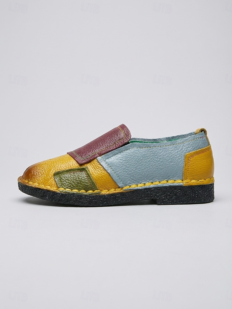 Women's Yellow Genuine Cowhide Colorblock Flats, Hand Stitched Slip On Casual Shoes, Comfortable Soft Sole Footwear for Daily Wear, Travel, Vacation & Casual Outings 2026 - $42.99 –P5