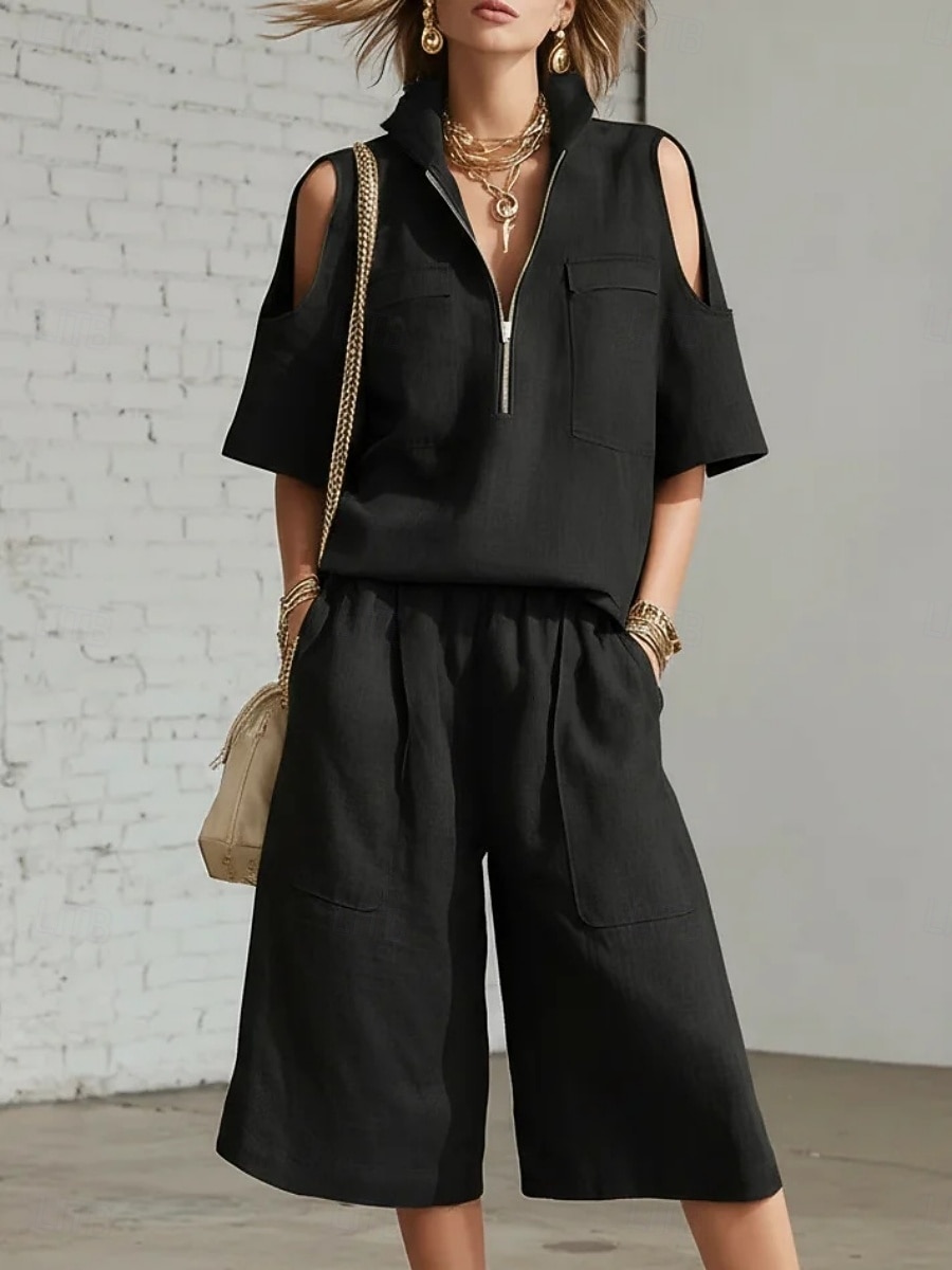 Women's Tracksuit Shorts Sets 3/4 Length Sleeve Shirt Collar Solid Color Zipper Fashion Streetwear Daily Casual Daily Outdoor Black White Yellow Summer Regular Fit 2026 - $42.99 –P5