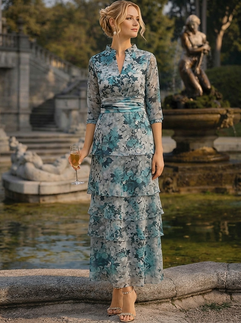 A-Linie Kleid Knöchellänge Cocktailkleid Brautmutterkleid Dreiviertelarm V Ausschnitt Elegant Lässig Formell Hochzeitsgast Ferien Chiffon mit Blumenmuster Rüschen Kaskadierende Rüschen 2026 - $194.99 –P1