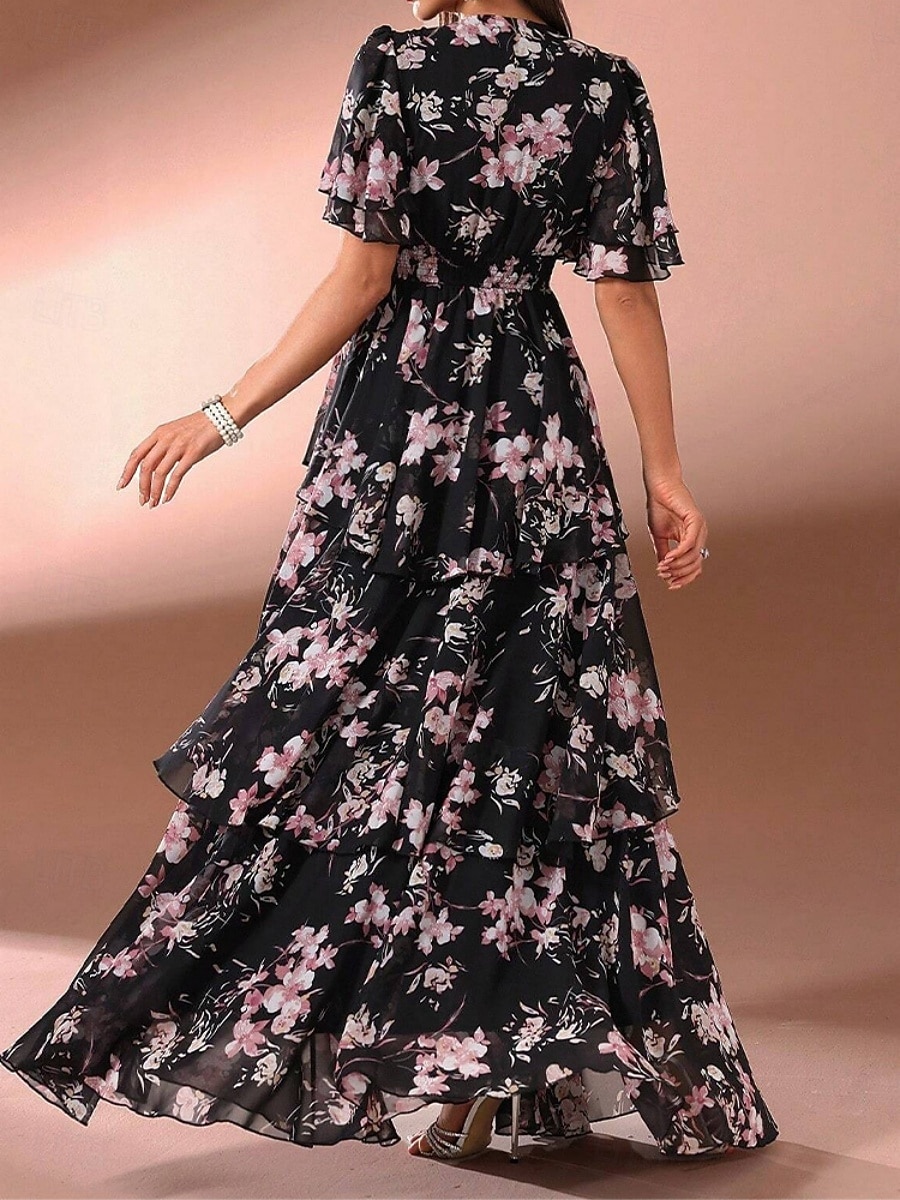 Mulheres Vestido Longo Vestido de chiffon Vestido casual Vestido floral Elegante Moda Moderno Ao ar livre Férias Para Noite Normal Floral Manga Curta Decote V Preto Rosa Verão Primavera de 2026 por $47.99 –P3