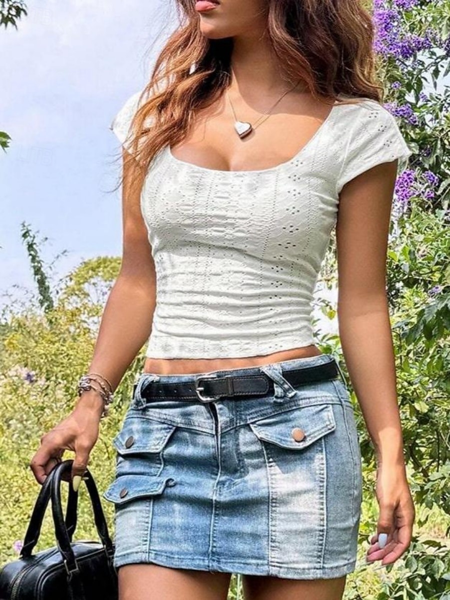 Mujer Parte superior con ojales Camiseta Elegante caliente Manga Corta Escote Cuadrado Tops cortos Noche Atuendos para una cita nocturna Verde salvia Negro Blanco Rosa Verano Primavera 2026 - $19.99 –P4