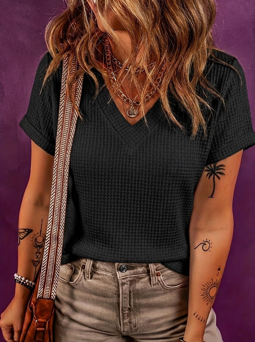 Women's Waffle T-shirt Tee Top Solid Color Elegant Fashion Stylish Short Sleeve Batwing Sleeve V Neck Regular Tops Casual Going out Black White Pink Green Apricot Summer Spring 2026 - $21.99 –P7