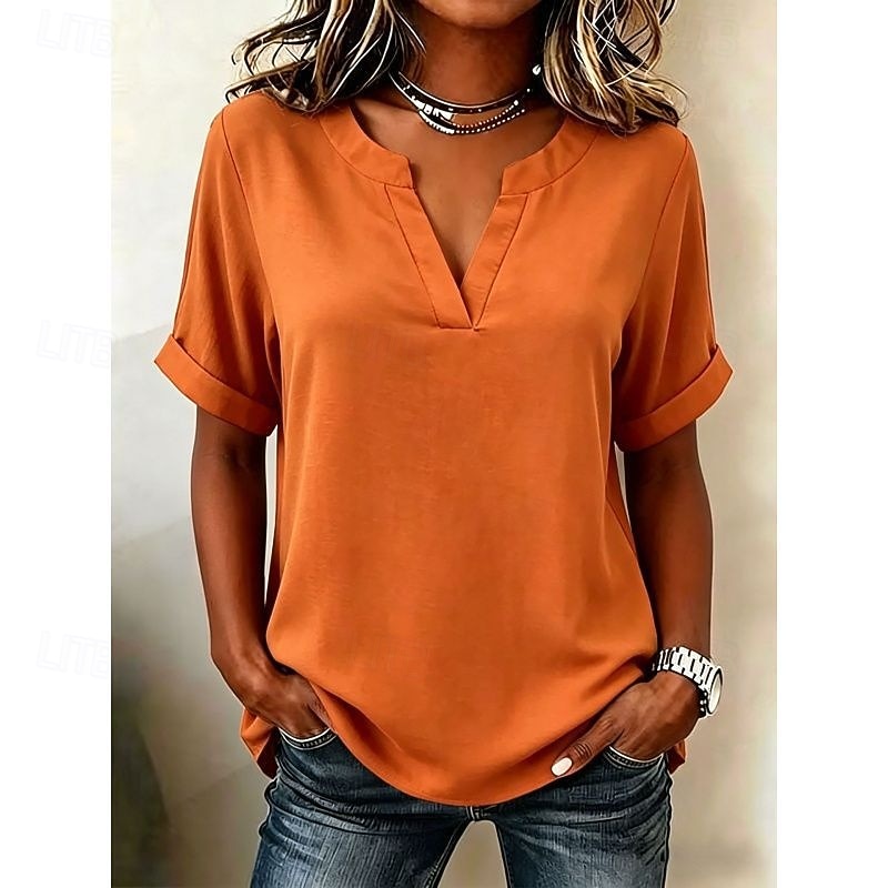 Mujer Blusa Color sólido Vintage Elegante Básico Manga Corta Escote en Pico Tops regulares Casual Diario Blanco Rosa Rojo Morado Verano Primavera 2026 - $26.99 –P9