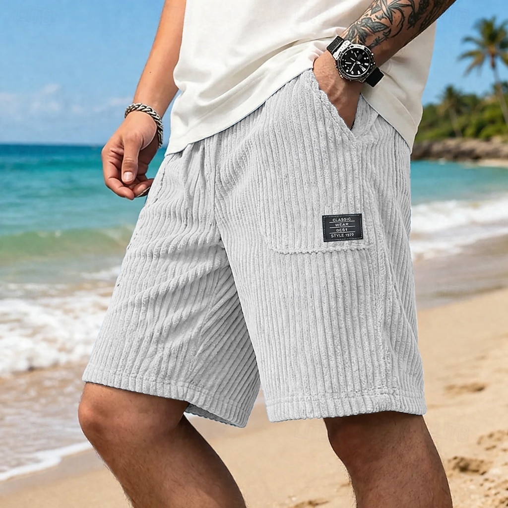 Men's Shorts Casual Shorts Corduroy Shorts Pocket Elastic Waist Plain Textured Comfort Breathable Knee Length Casual Outdoor Beach Vacation Fashion Black White Stretchy 2026 - $26.99 –P2