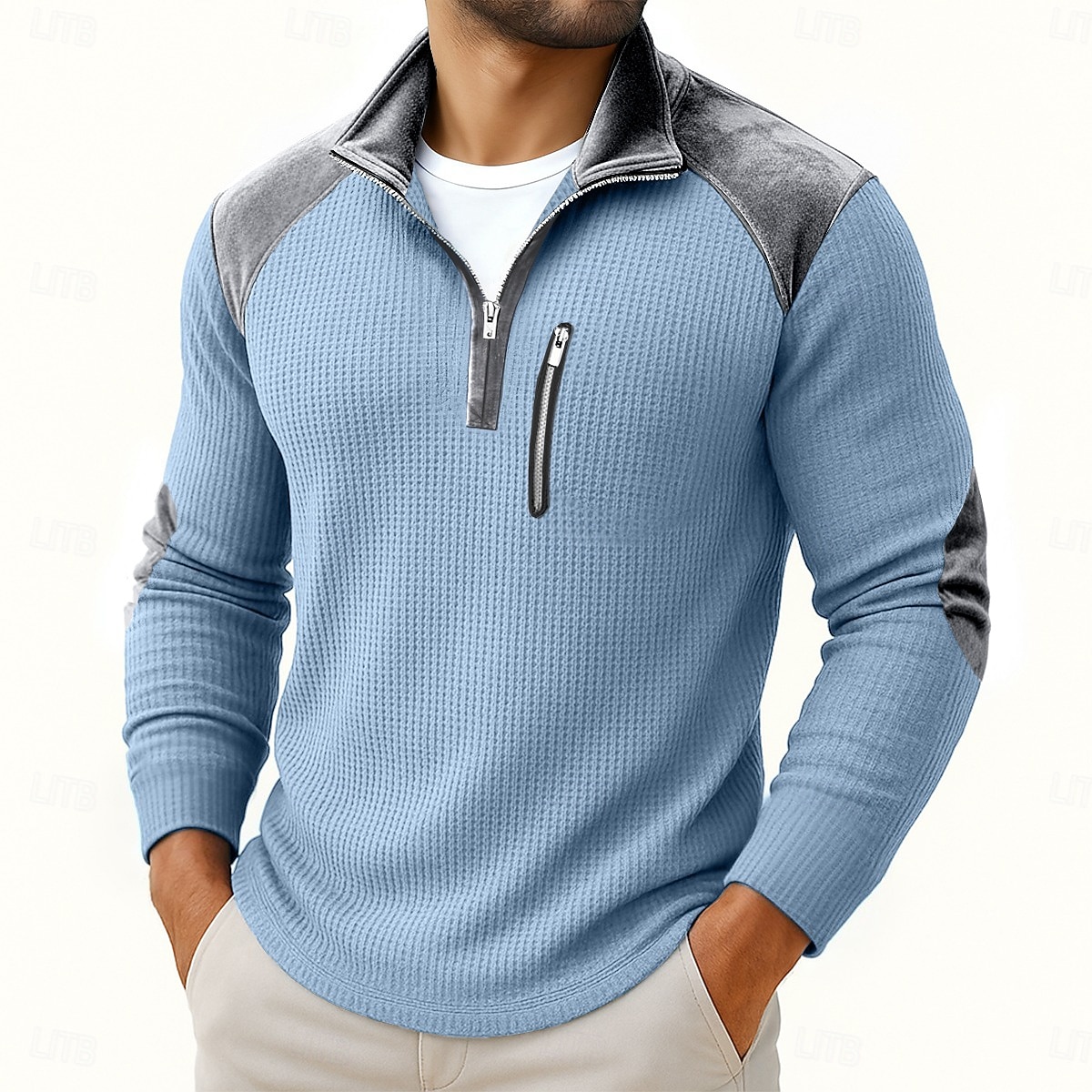 Hombre Henley Shirt Camiseta de punto gofre Camisas de hombre con coderas Manga Larga Cremallera de un cuarto Otoño invierno Primavera Otoño Retro Antiguo Casual Bolsillos Cerrar Retazos Casual 2026 - $27.99 –P4