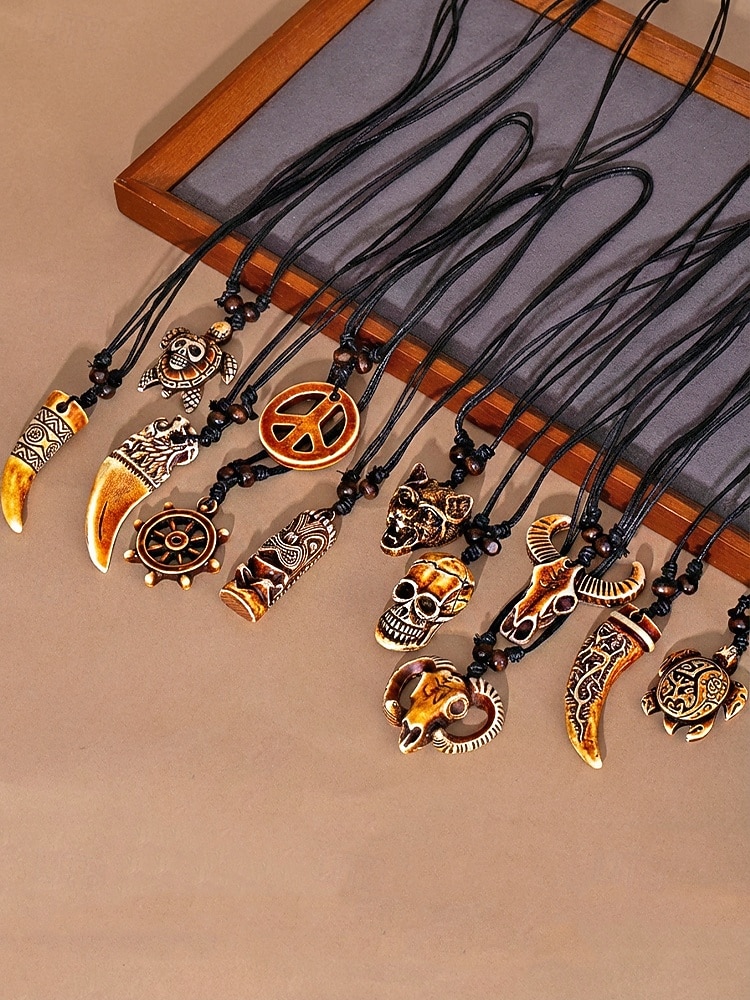 Halsketting voor heren in bohemian vintage stijl, gemaakt van acryl, met verschillende hangeropties, waaronder een schildpad en ivoor, en een verstelbaar koord. Ideaal voor een strandvakantie, 2026 - $7.99 –P6