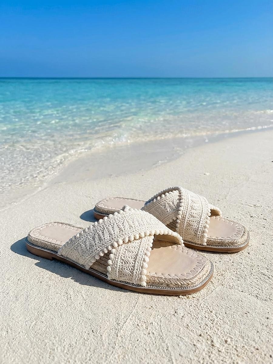 Sandali da donna stile boho color crema all'uncinetto - comode espadrillas intrecciate con cinturini incrociati &Dettaglio con pon-pon per vacanze al mare e resort estivi &viaggi sull'isola del 2026 a $42.99 –P2