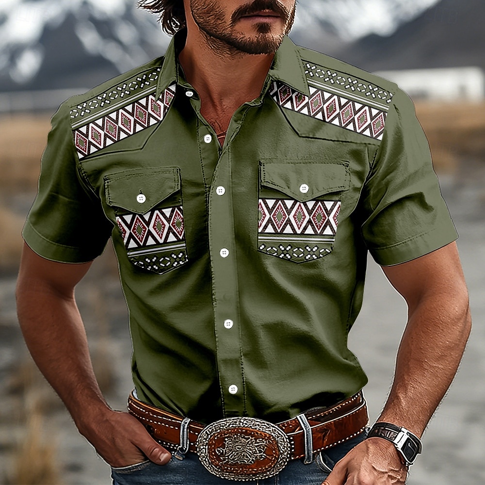 Hombre Diseño Geométrico Étnico camisa occidental Camisas de trabajo Camisa vaquera Manga Corta occidental retro de la vendimia Casual Exterior Para trabajo Verano Primavera Cuello Vuelto Impresión 2026 - $27.99 –P3