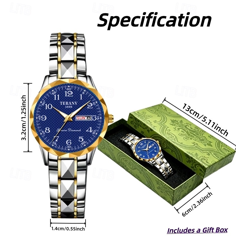 Women's Luxury Watch, Two-Tone Gold Silver Stainless Steel Link Bracelet, Faceted Bezel, Day Date Calendar, Easy Read Arabic Numerals Analog Quartz Dress Watch for Ladies Business Casual 2026 - $19.99 –P8