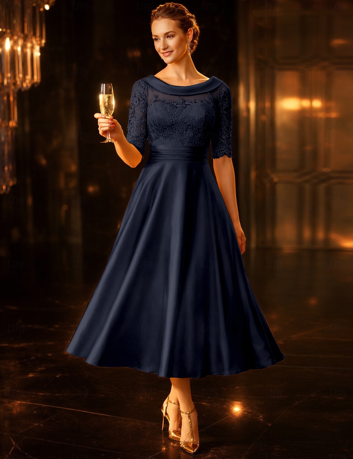 A-الخط طول الساق فستان الحفلة فستان كوكتيل فستان زفاف ضيف فستان أم العروس نصف كم رقبة سكوب أنيق عتيق ضيف حفل زفاف ساتان دانتيل مع روش زينة 2026 - $109.99 –P5