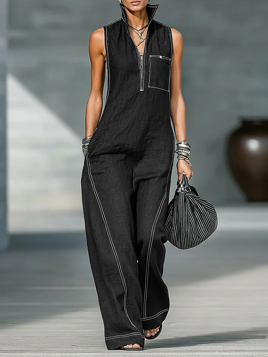 Women's Normal Jumpsuit Active Solid Color Sleeveless Wide Leg Shirt Collar Zipper Pocket Daily Vacation Loose Fit Blue Black Yellow Summer 2026 - $39.99 –P5