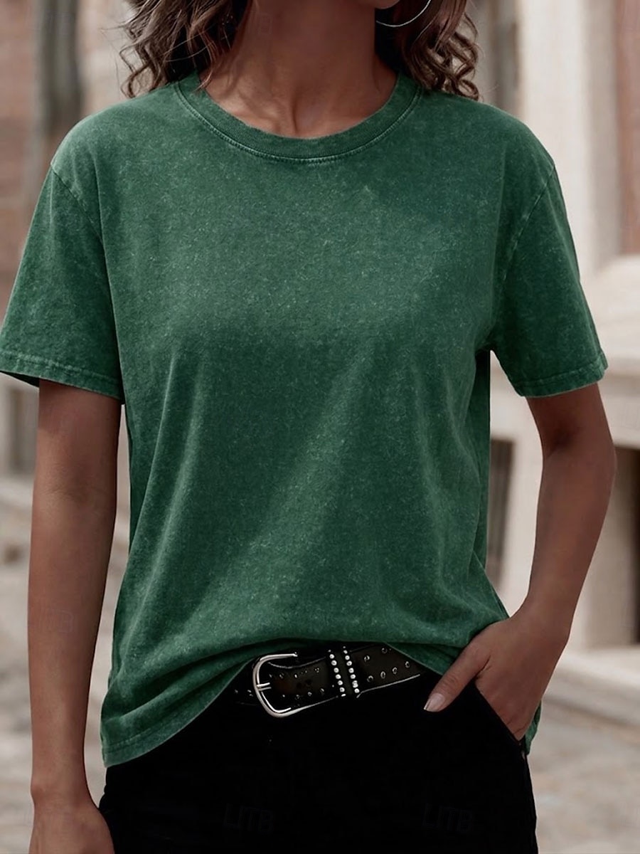 Tricou softfade™ pentru femei, 100% bumbac, spălat, vintage, topuri, modă, stilat, clasic, mânecă scurtă, guler rotund, topuri lungi, casual, zilnic, plajă, roz, roșu, albastru, verde iarbă, negru, portocaliu, vară, primăvară 2026 - $21.99 –P14
