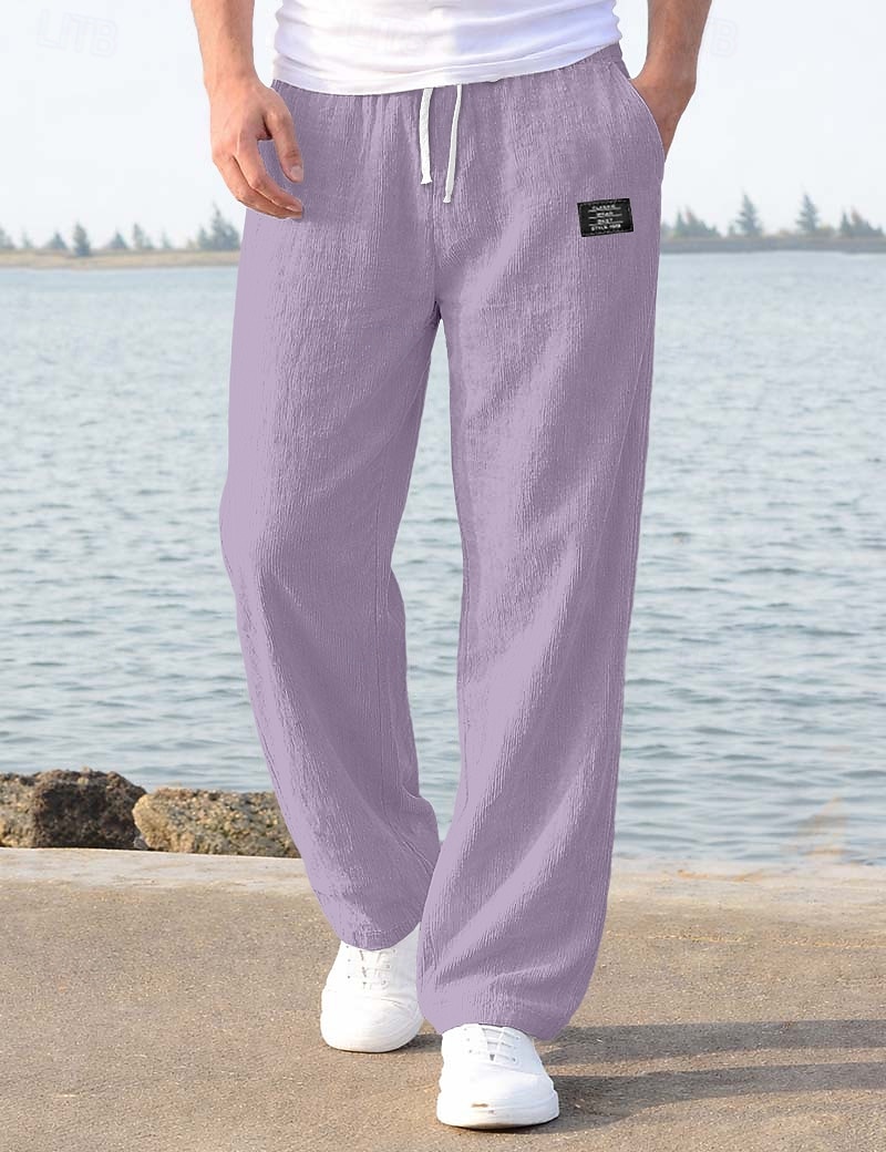 Men's Linen Pants Trousers Summer Pants Baggy Pants Beach Pants Drawstring Elastic Waist Straight Leg Plain Comfort Breathable Full Length Casual Daily Holiday Vacation Fashion Loose Fit Blue White 2026 - $27.99 –P4