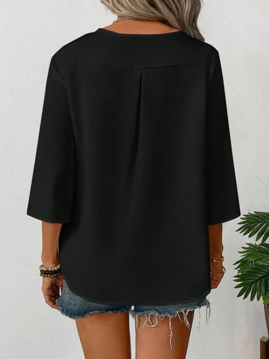 Mujer Camisa Blusa Remera de algodón Botones Plano Elegante Clásico Moderno Manga 3/4 Escote en Pico Tops regulares Diario Festivos Noche Negro Blanco Naranja Verano Primavera 2026 - $29.99 –P7