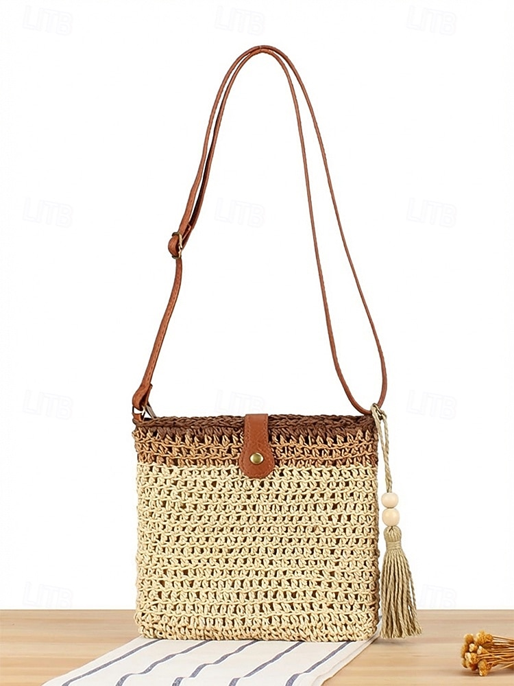 Женская богемная соломенная сумка с кисточкой, регулируемым плечевым ремнем, два цвета (белый и хаки), легкая плетеная пляжная сумка, идеально подходит для отдыха, повседневной носки и летних прогулок. 2026 - $18.99 –P6
