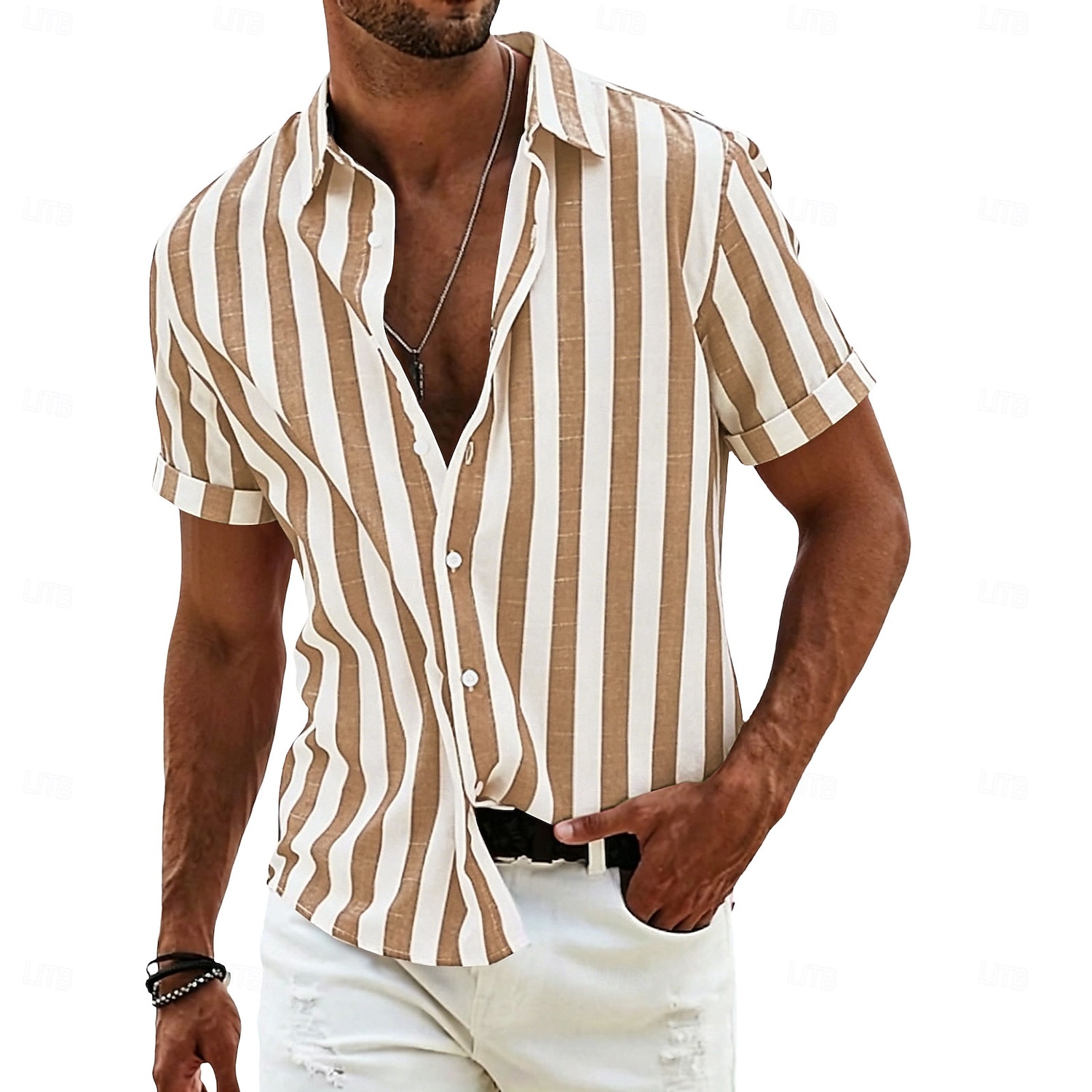 Per uomo Camicia Camicia di lino Camicia Estiva Camicia da Spiaggia Camicia con Bottoni Camicie a righe Strisce verticali Abbigliamento casual alla moda Vacanza Blu Giallo Rosa Rosso Manica Corta del 2026 a $27.99 –P14