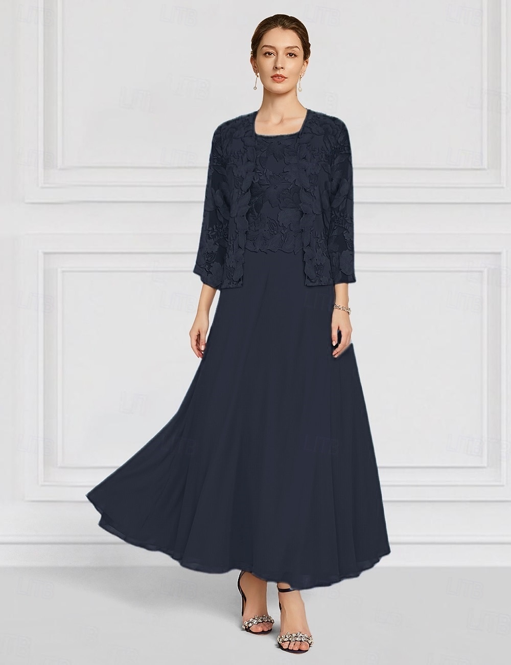 Zweiteilig Kleid-Sets Knöchellänge Kleid für Hochzeitsgäste Brautmutterkleid Langarm Rundhalsausschnitt Elegant Hochzeitsgast Kirche Chiffon mit Spitze Stickerei 2026 - $195.99 –P18