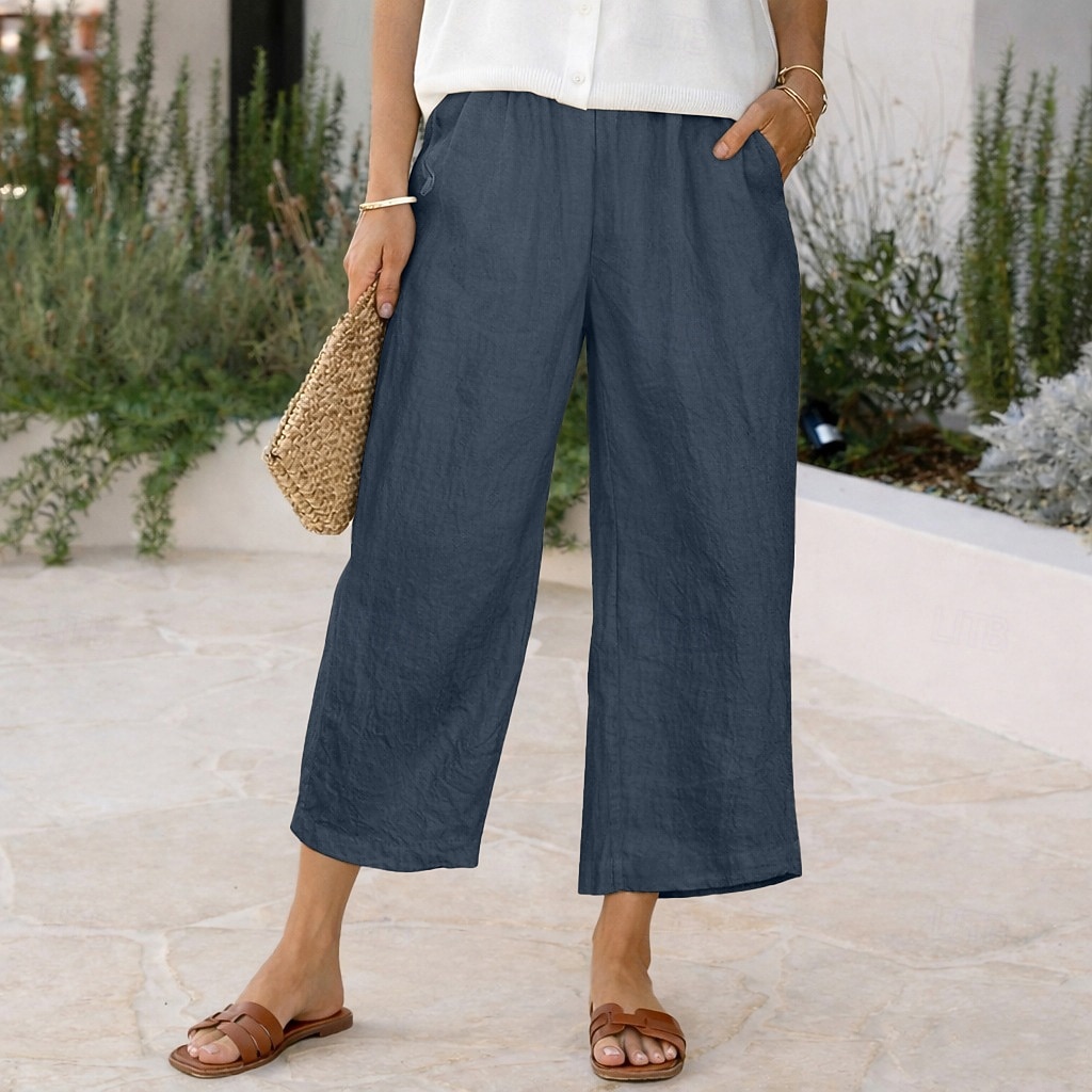 Women's Linen-feel Pants Capri Pants Trousers Summer Shorts Vacation Fashion Basic Full Length High Waist Solid Color Plain Pocket Wide Leg Elastic Waistband Comfort Soft Breathable Inelastic 2026 - $19.99 –P6