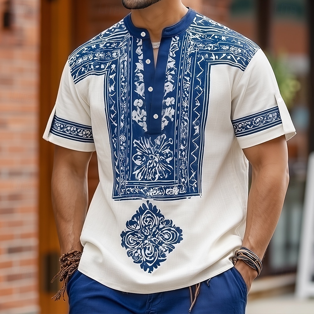 Męskie Geometryczny Etnické Skomplikowany kwiatowy Koszula Koszula zapinana na guziki Koszula Henley Krótki rękaw Vintage Retro Święto Codzienne Lato Wiosna Stójka Kołnierz Henley Druk 3D Koszula z 2026 - $25.99 –P1